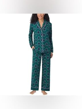 Room Service Green Floral-Print Pajama Set with Pink Trim